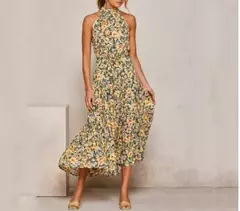 Vestido feminino de fibra sintética com estampa de poás, decote halter, CINTURA MARCADA COM AMARRAÇÃO, LONGO TAMANHO S-XL - comprar online