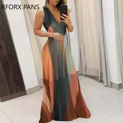 Vestido feminino com decote em v listrado Colorblock Spaghetti Strap Maxi, verão elegante - comprar online