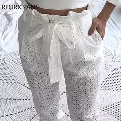 Paperbag Cintura Renda Calça Casual, Calças Broderie na internet
