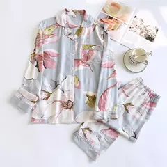 Imagem do Primavera/verão novo 100% viscose pijama de calça e blusa manga comprida