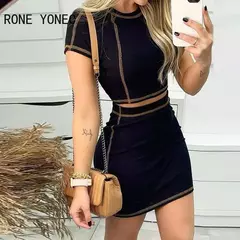 Conjuntos casuais de saia chique, manga curta com gola redonda - comprar online