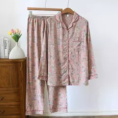 Primavera/verão novo 100% viscose pijama de calça e blusa manga comprida - loja online