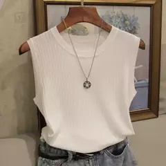 Imagem do Blusa feminina de malha com decote em O, camisa sem mangas, roupas femininas, to