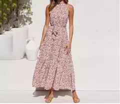 Vestido feminino de fibra sintética com estampa de poás, decote halter, CINTURA MARCADA COM AMARRAÇÃO, LONGO TAMANHO S-XL na internet