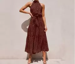 Vestido feminino de fibra sintética com estampa de poás, decote halter, CINTURA MARCADA COM AMARRAÇÃO, LONGO TAMANHO S-XL - Smartshopstores Boutique