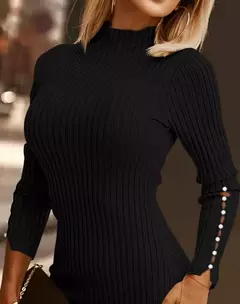 Vestido Mini gola alta frisada manga comprida casual monocromático malha