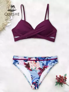 Biquíni floral feminino sexy tanga duas peças