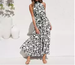 Vestido feminino de fibra sintética com estampa de poás, decote halter, CINTURA MARCADA COM AMARRAÇÃO, LONGO TAMANHO S-XL - Smartshopstores Boutique