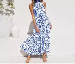 Vestido feminino de fibra sintética com estampa de poás, decote halter, CINTURA MARCADA COM AMARRAÇÃO, LONGO TAMANHO S-XL - loja online
