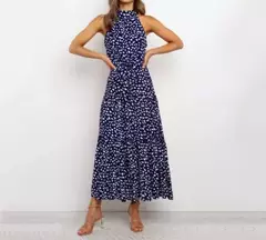 Vestido feminino de fibra sintética com estampa de poás, decote halter, CINTURA MARCADA COM AMARRAÇÃO, LONGO TAMANHO S-XL - Smartshopstores Boutique