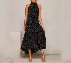 Vestido feminino de fibra sintética com estampa de poás, decote halter, CINTURA MARCADA COM AMARRAÇÃO, LONGO TAMANHO S-XL