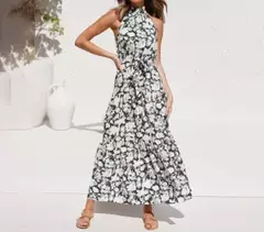 Vestido feminino de fibra sintética com estampa de poás, decote halter, CINTURA MARCADA COM AMARRAÇÃO, LONGO TAMANHO S-XL
