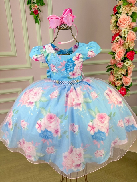 Vestido Bella Child Juvenil Azul Flores Rosa