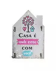 PORTA CHAVE DE MADEIRA CASA COM 4 GANCHOS DE METAL FRASES SORTIDAS 30X20CM