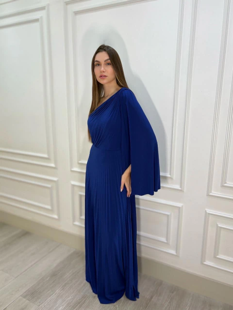 Vestido azul plissado um ombro Josi