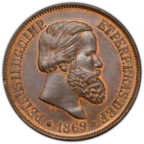 20 Réis 1869 Com Ponto - Brasil Império - PCGS MS65 BN - Flor de Cunho - Bronze