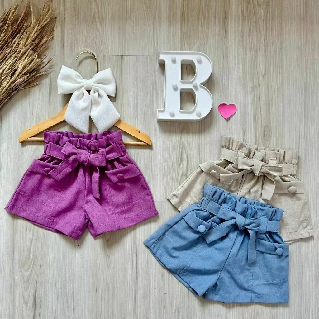 Short linho com laço nude, azul e lilás