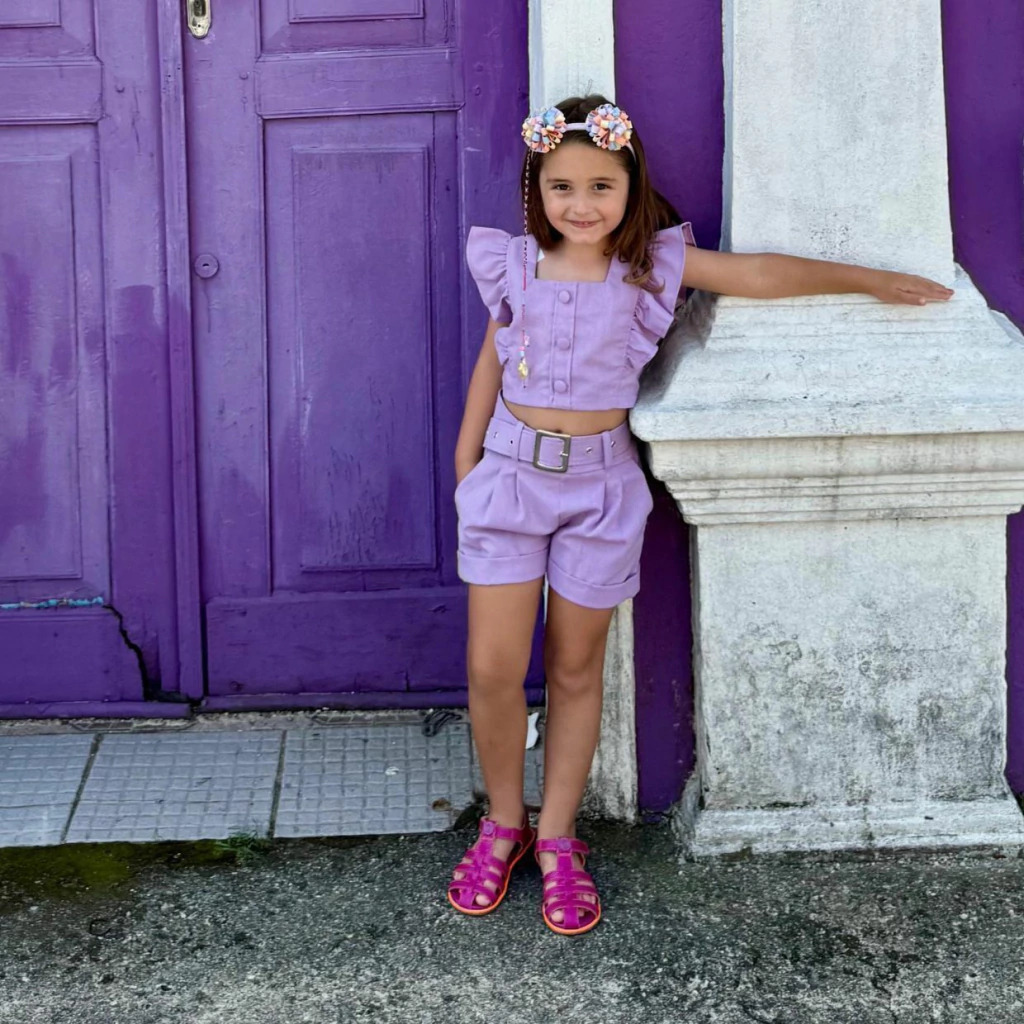 Conjunto linho com cinto lilás