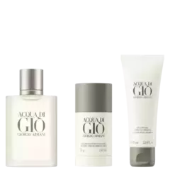Conjunto Acqua di Giò Giorgio Armani Masculino - Eau de Toilette 100ml + Desodorante 75g + Gel de Banho 75ml - LEMARO PERFUMARIA