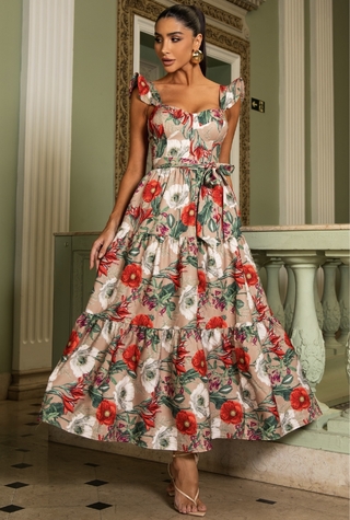Vestido Midi de Crepe Alfaiataria Encantada Floral