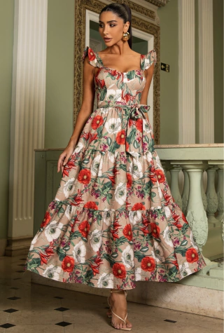 Vestido Midi de Crepe Alfaiataria Encantada Floral