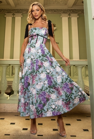 Vestido Midi de Crepe Alfaiataria Com Estampa Exclusiva Pureza Floral