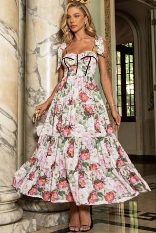 Vestido Midi de Crepe Alfaiataria Com Estampa Floral Exclusiva Jardim Champagne