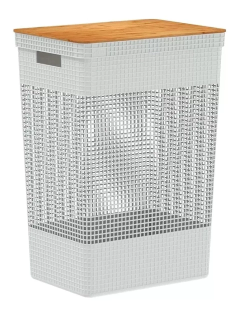Cesto De Roupas Grid Com Tampa De Bambu 49 Litros na internet