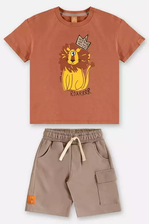 46093- CONJUNTO CAMISETA MALHA E BERMUDA EM MOLETOM 01 151429 MARROM ARGILA/ TAMANHO 01, 02 E 03