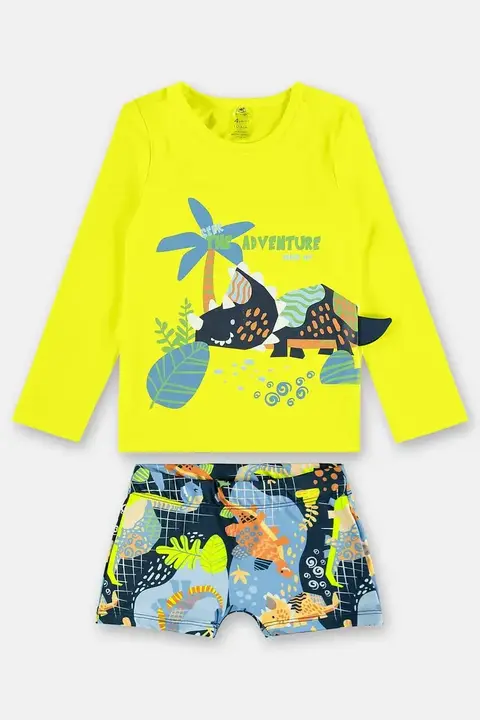 46501- CONJUNTO CAMISETA E SUNGA BOXER PRAIA EM MALHA UV 03 001728 AMARELO FLUOR/ 02 e 03