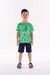CONJUNTO CAMISETA MALHA E BERMUDA VERDE E AZUL EM MOLETOM DINOSSAUROS