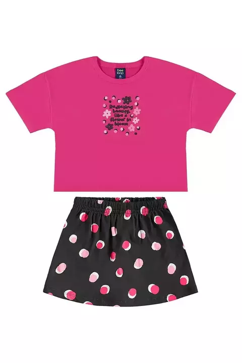 CONJUNTO BLUSA CROPPED E SHORT SAIA EM MEIA MALHA ROSA E PRETO - BEE LOOP - 18142