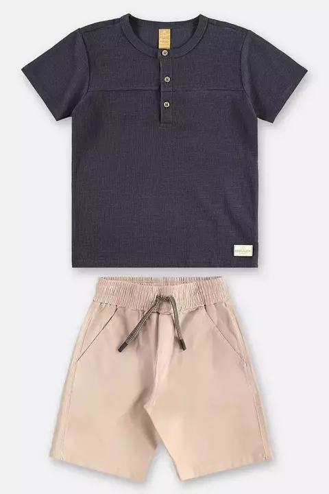 CONJUNTO CAMISETA EM MALHA E BERUDA COR AZUL ESCURO E BEGE - UPBABY - 46106