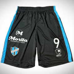 Short Micro Fibra Vinilo Lyon de Almagro Negro Número 9 Recorte Celeste - comprar online