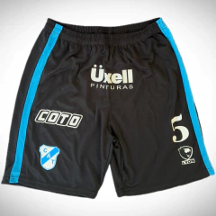 Short Micro Fibra Vinilo Lyon de Temperley Negro Número 5 Recorte Celeste - comprar online