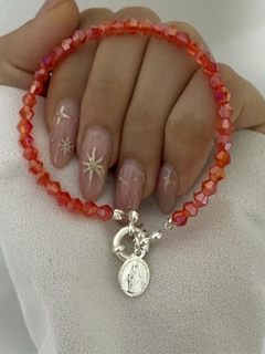 Pulsera cristal roja tornasol cierre marinero y medalla