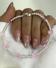 Pulsera bolitas 2mm y cúbito rosa (c/cierre)