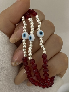 Pulsera cristal rojo y ojo turco (3) (Elastizada)