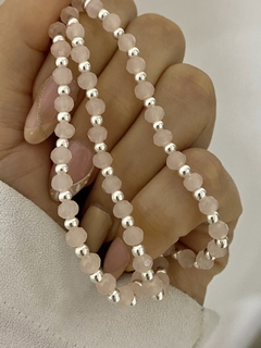 Pulsera cristal rosa y bolitas de plata (Elastizada)