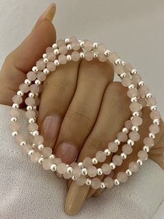 Pulsera cristal rosa y bolitas de plata (Elastizada) - comprar online