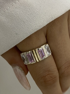 Anillo rectangular ancho rosa blanco