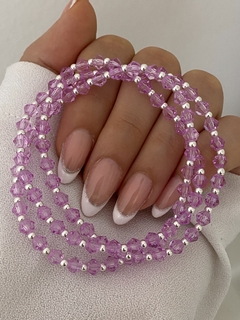 Pulsera cristal lila bicono traslúcido y bolita 1x1 (elastizada)