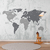 Papel de Parede Mapa Mundi Cinza Minimalista com Continentes Nomeados e Ícones Naturais