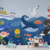 Papel de Parede Fundo do Mar com Baleias, Peixes e Barco Infantil Para Quarto De Bebê