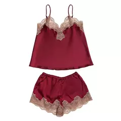 Short y Musculosa satén y puntillas Bordo