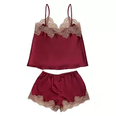 Short y Musculosa satén y puntillas Bordo - comprar online