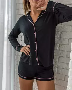 Pijama americano manga longa e short preto c/ rosa - LuaBella Pijameria