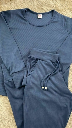Pijama longo - Canelado - Azul Marinho - 249 - comprar online