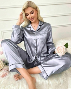 Pijama Americano de Cetim - Longo - Prata - comprar online