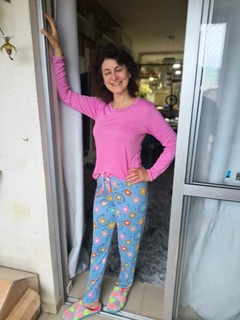 Pijama longo Suede Blusa Rosa e Calça c Flores - comprar online